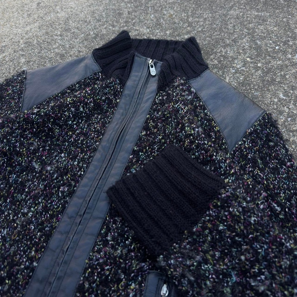 Vintage Y2K Bebe Textured Knit Leather Trim Zip Jacket Multicolor Black M (f7)